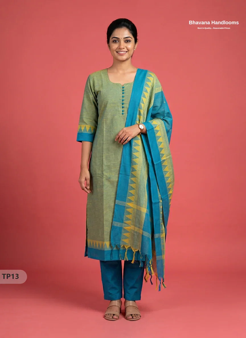 Mangalagiri Cotton 3PC Set with Full-Length Lining & Elastic Pocket Bottom – Sky Blue & Yellow Double Weave