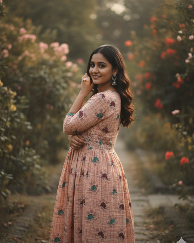 Peach Floral Printed Cotton Frock for Women – Casual Wear | Bhavana Handlooms