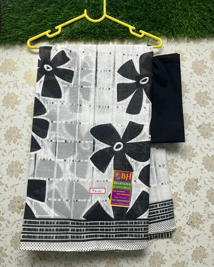 Black and White Printed Cotton Saree With Flower Design