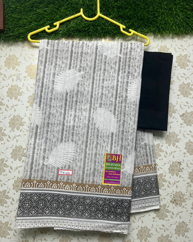 Black and White Printed Cotton Saree With Leaf Design