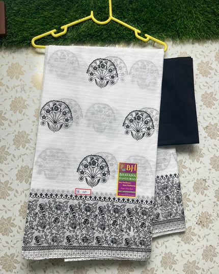 Black and White Printed Cotton Saree With floral Designed Border