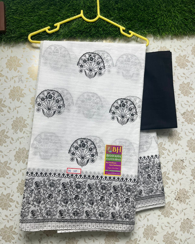 Black and White Printed Cotton Saree With floral Designed Border