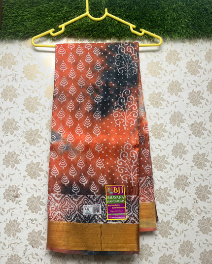 Jute Printed Saree With Orange Color