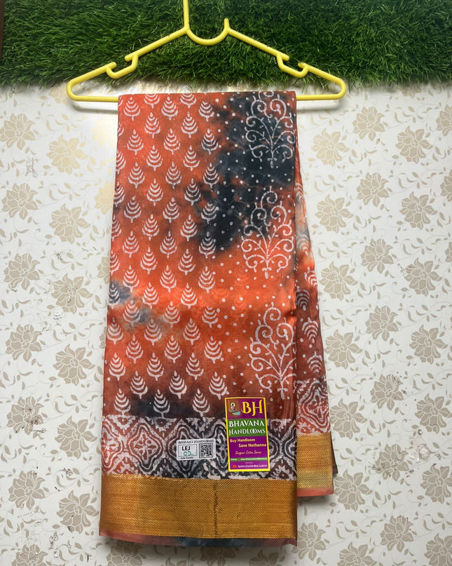 Jute Printed Saree With Orange Color