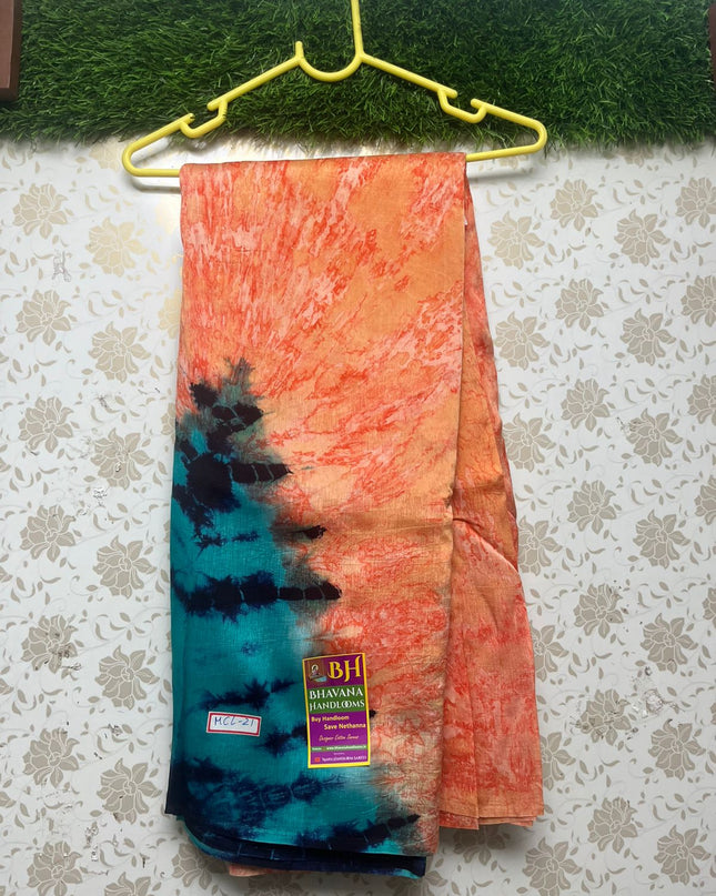 Jute Printed Saree With Orange Color