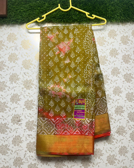 Jute Printed Saree With Menthi Green Color