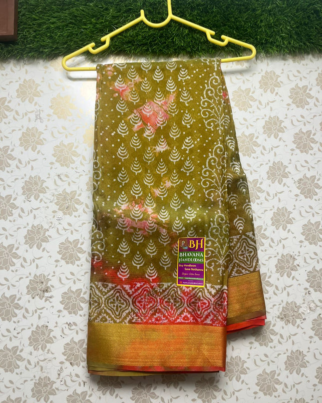 Jute Printed Saree With Menthi Green Color