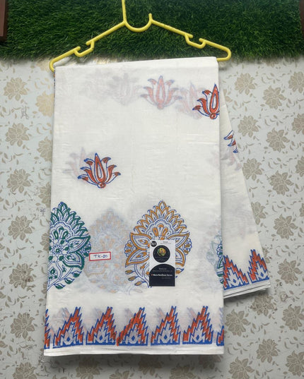 Hand Block Printed White Cotton Saree With Orange Prints