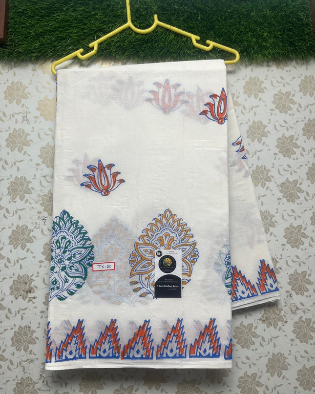 Hand Block Printed White Cotton Saree With Orange Prints