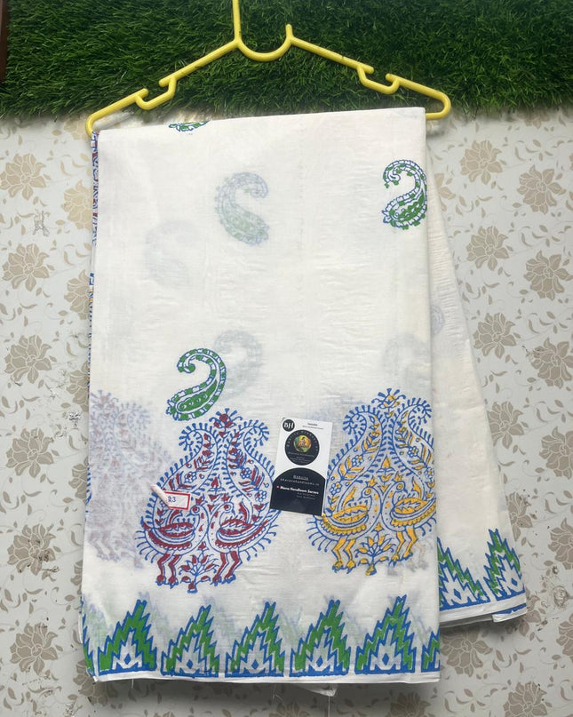 Hand Block Printed White Cotton Saree With Sky Blue Prints