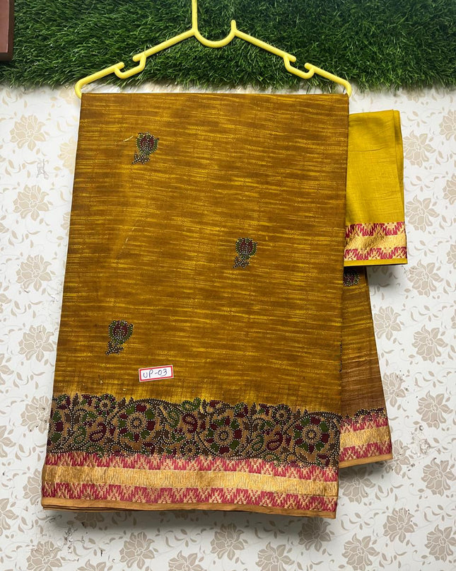 Premium Thread Border 120 Count Digital Printed Saree with Mustard Color