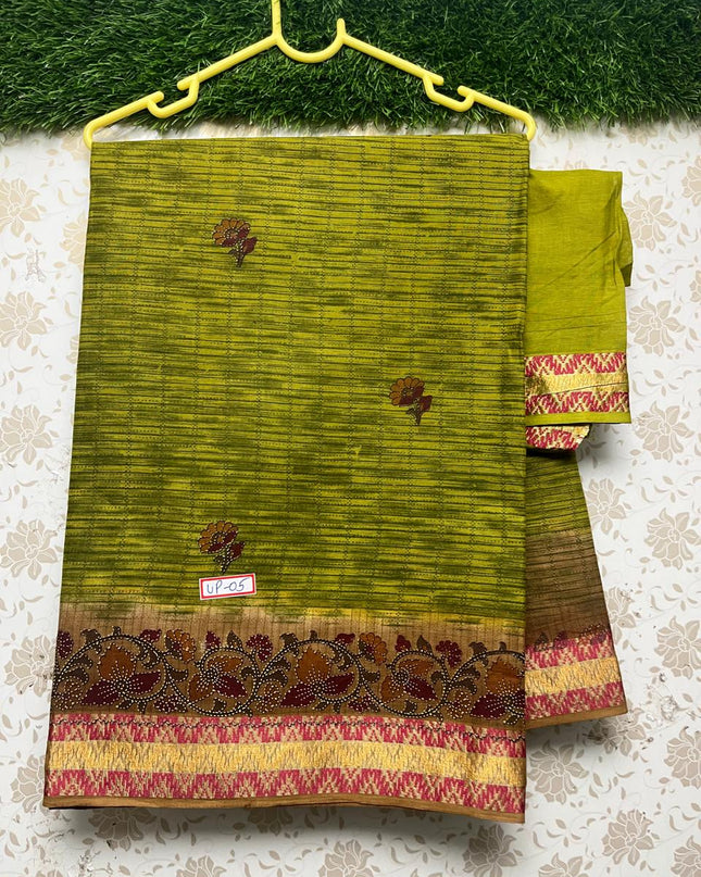 Premium Thread Border 120 Count Digital Printed Saree with Green Color