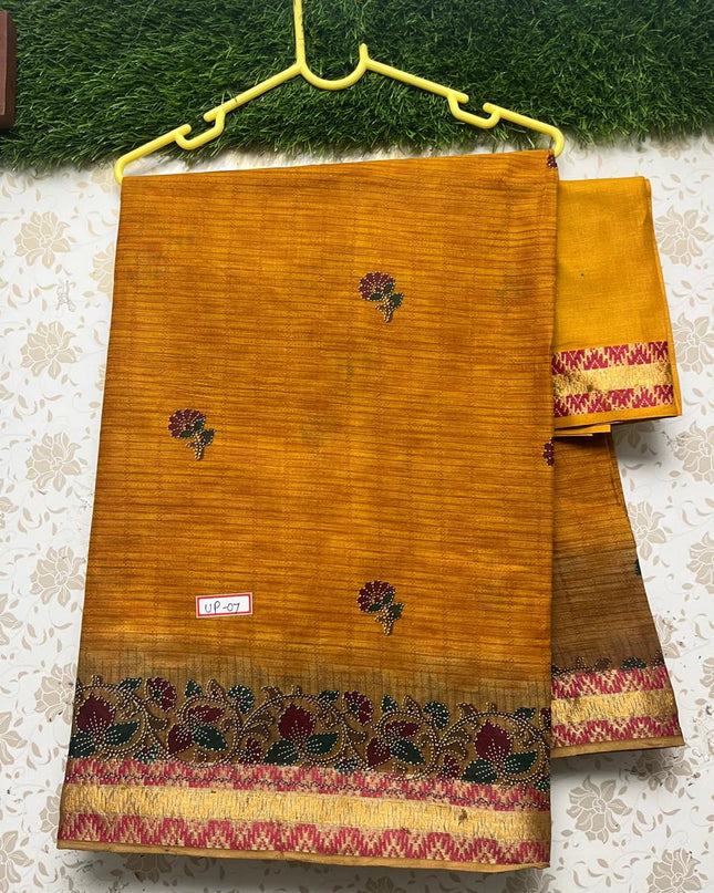 Premium Thread Border 120 Count Digital Printed Saree with Mustard Color