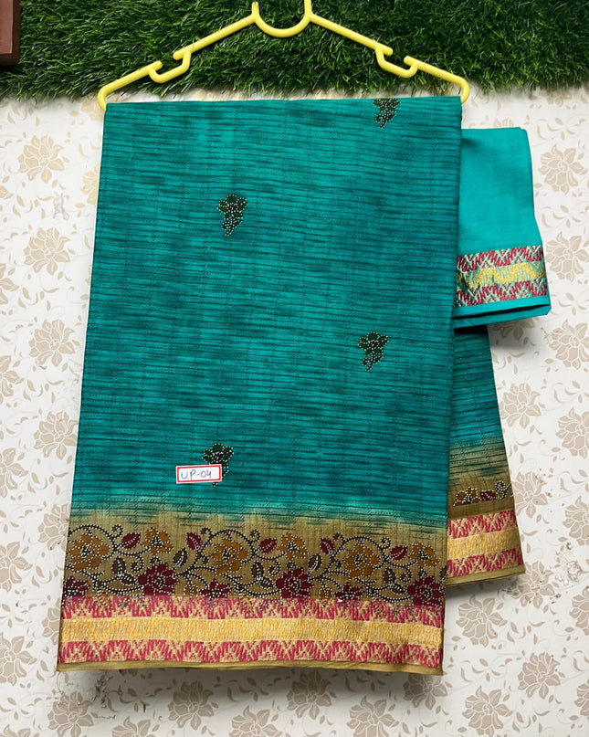 Premium Thread Border 120 Count Digital Printed Saree with Green Color