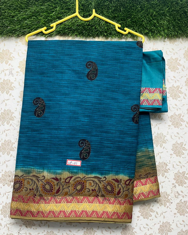 Premium Thread Border 120 Count Digital Printed Saree with Sea Blue Color