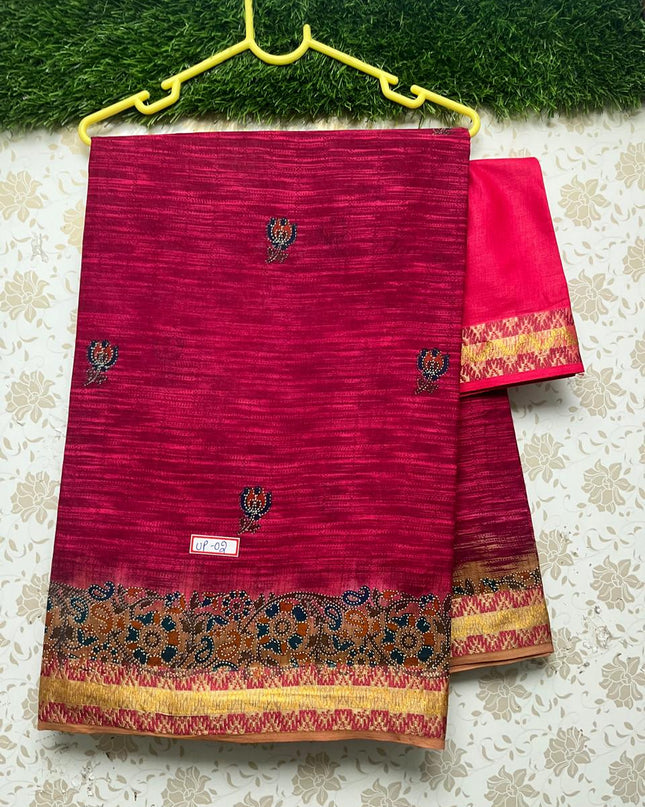 Premium Thread Border 120 Count Digital Printed Saree with Tamato Red Color