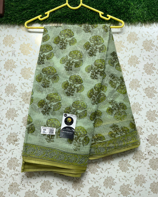 Premium Jaipur Kota printed Cotton Saree With Pista Green Colour