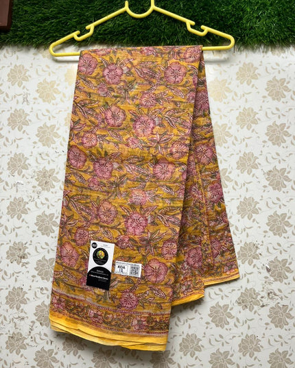 Premium Jaipur Kota printed Cotton Saree With Yellow Colour
