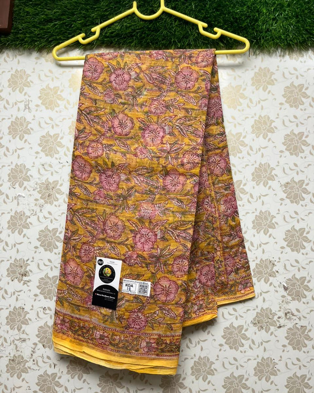 Premium Jaipur Kota printed Cotton Saree With Yellow Colour