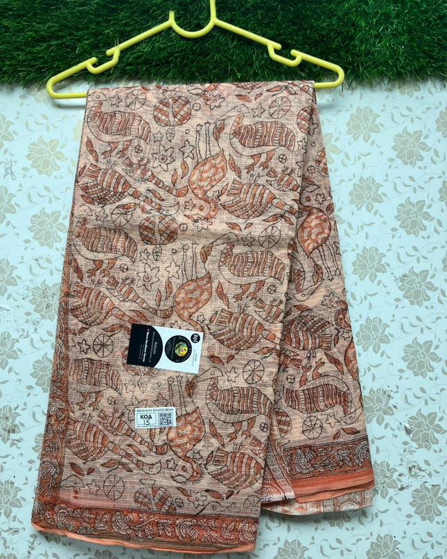 Premium Jaipur Kota printed Cotton Saree With Peach Colour