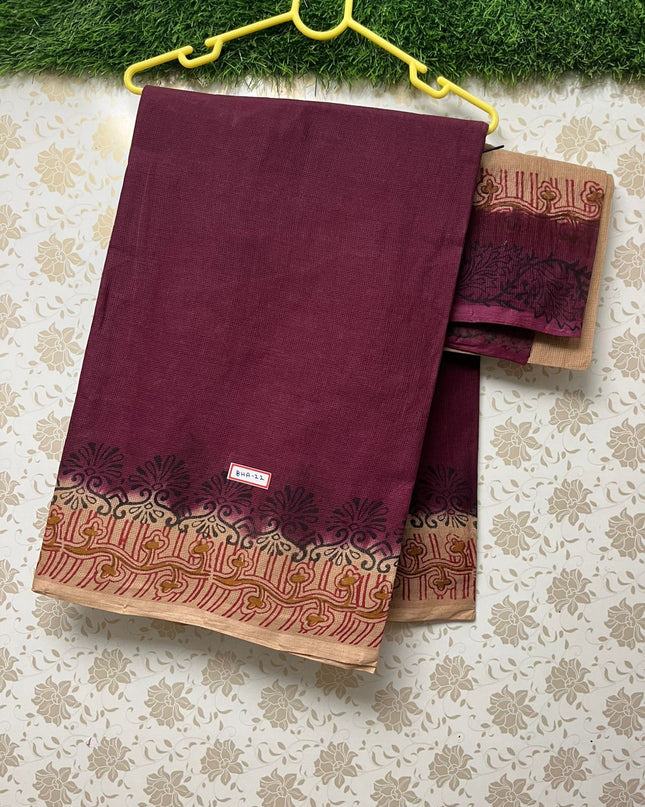 Kota Cotton Printed Saree with Chocolate Colour