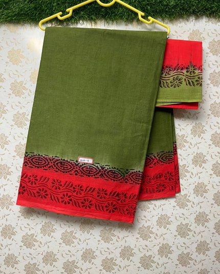 Kota Cotton Printed Saree with Leaf Green and Red Border