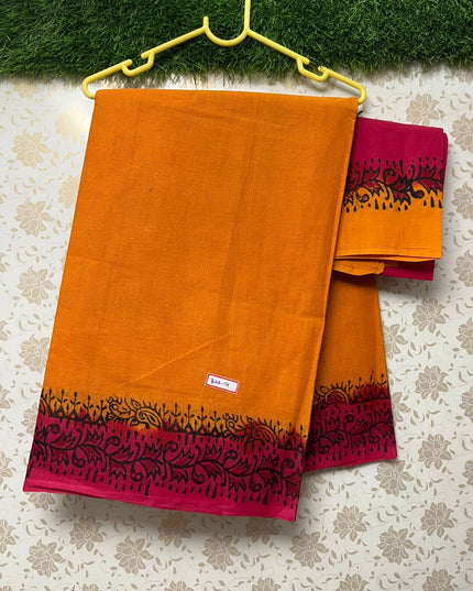Kota Cotton Printed Saree with Yellow and Pink Border