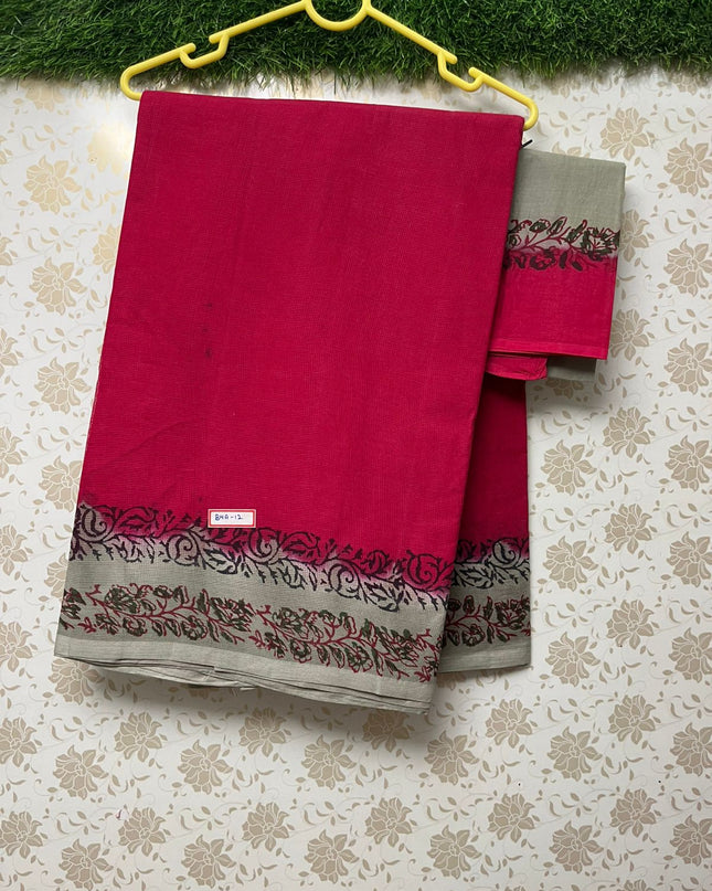 Kota Cotton Printed Saree with Pink and Grey Border