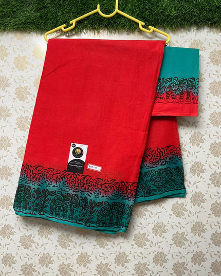 Kota Cotton Printed Saree with Red and Sea Green Border