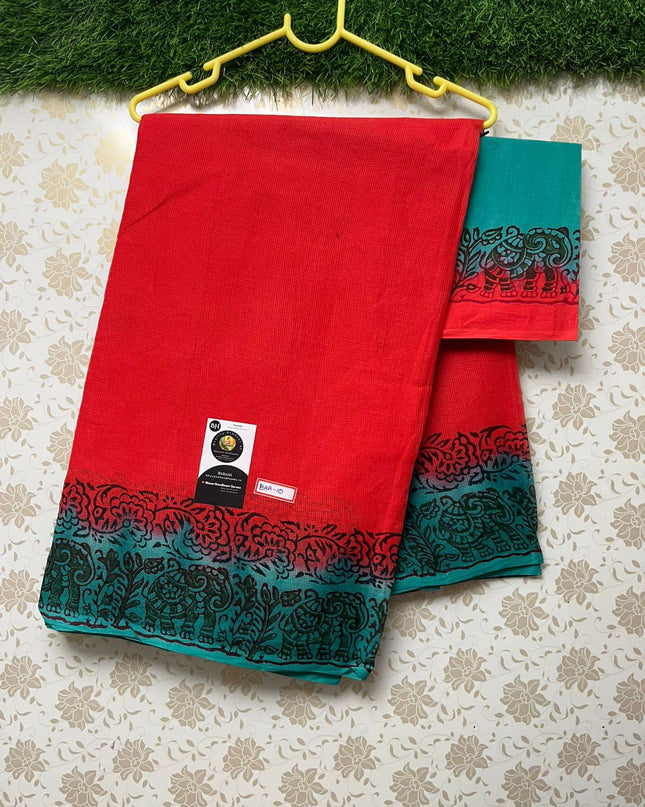 Kota Cotton Printed Saree with Red and Sea Green Border