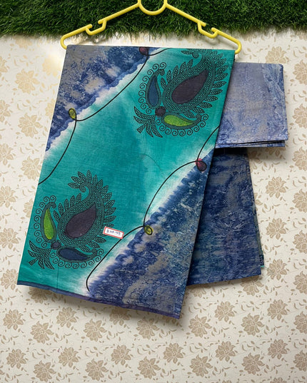Printed Cotton Cross Design Saree with Sea Green and Violet Colour