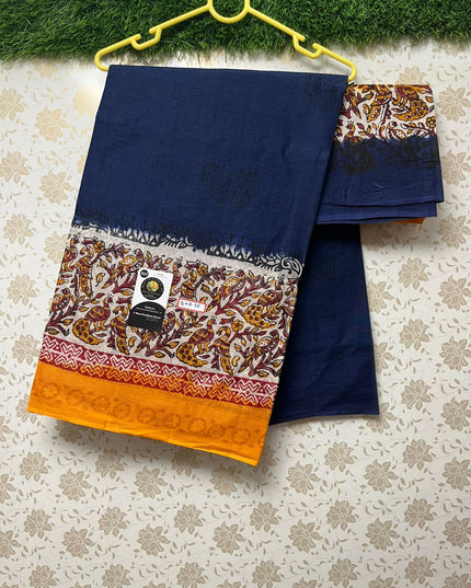 Printed One Side Border Cotton Saree with Navy Blue Colour