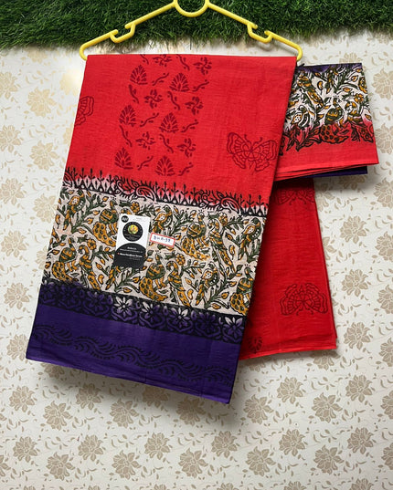 Printed One Side Border Cotton Saree with Orange and Violet Colour
