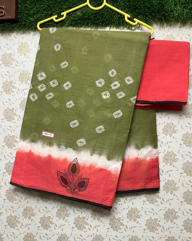 Printed Cotton Saree With Pastel Green Colour