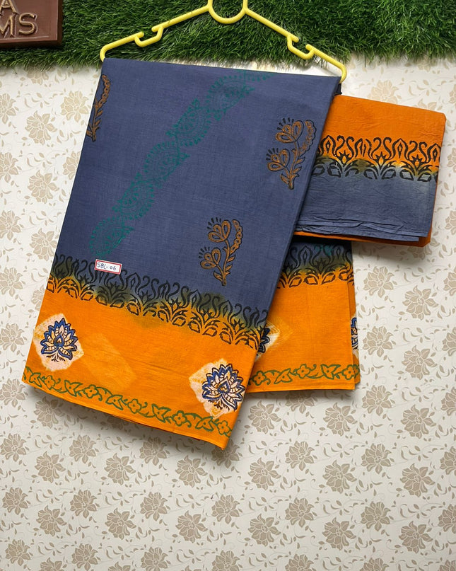Bathik Printed Cotton Saree With Navy Blue Colour