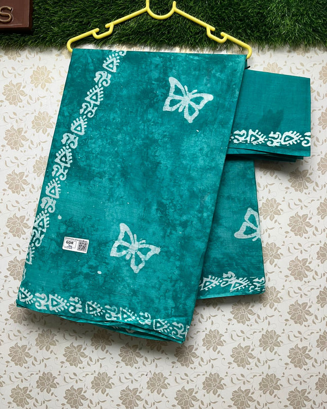 Bathik Printed Cotton Saree With Sea Green Colour