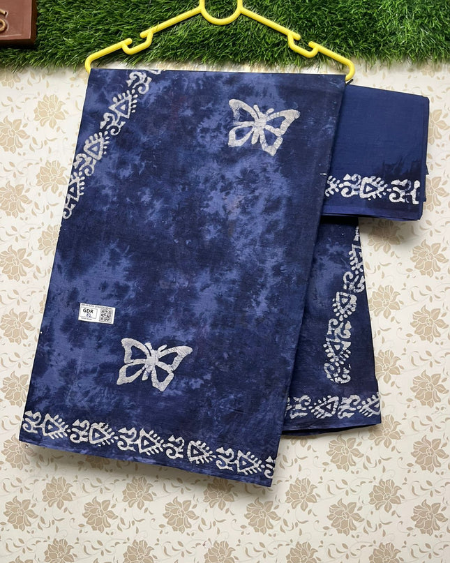 Bathik Printed Cotton Saree With Navy Blue Colour