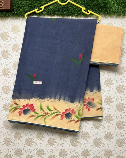 Printed Brush Paint Cotton Saree with Navy Blue Colour