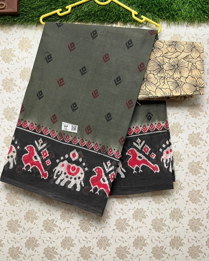 Printed Cotton Saree with Pochampally border With Grey Colour
