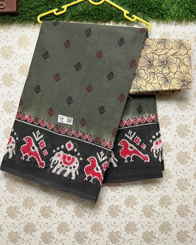 Printed Cotton Saree with Pochampally border With Grey Colour