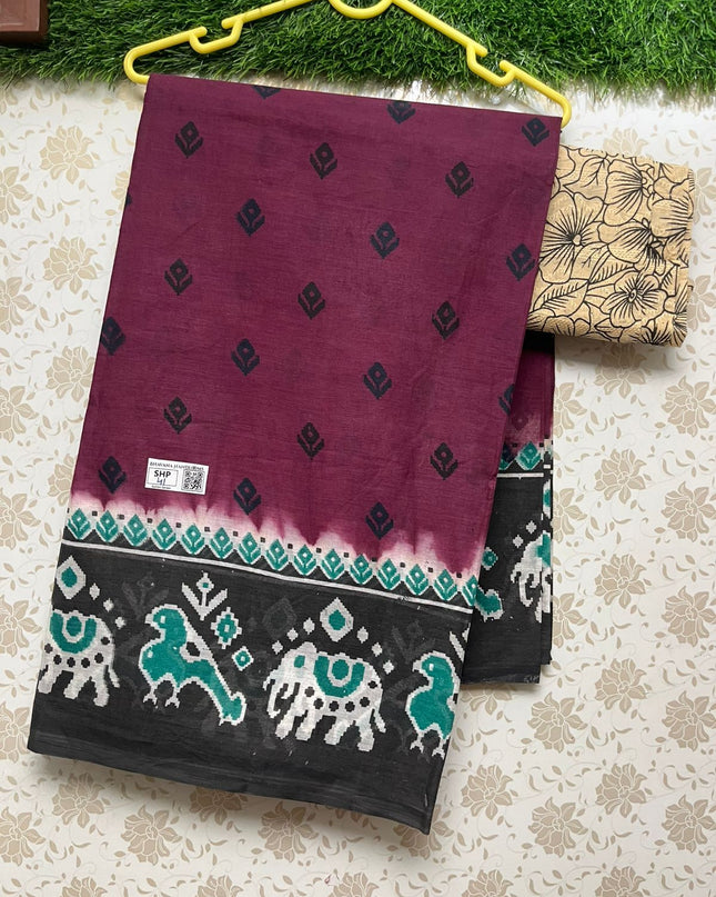 Printed Cotton Saree with Pochampally border With Chocolate Colour