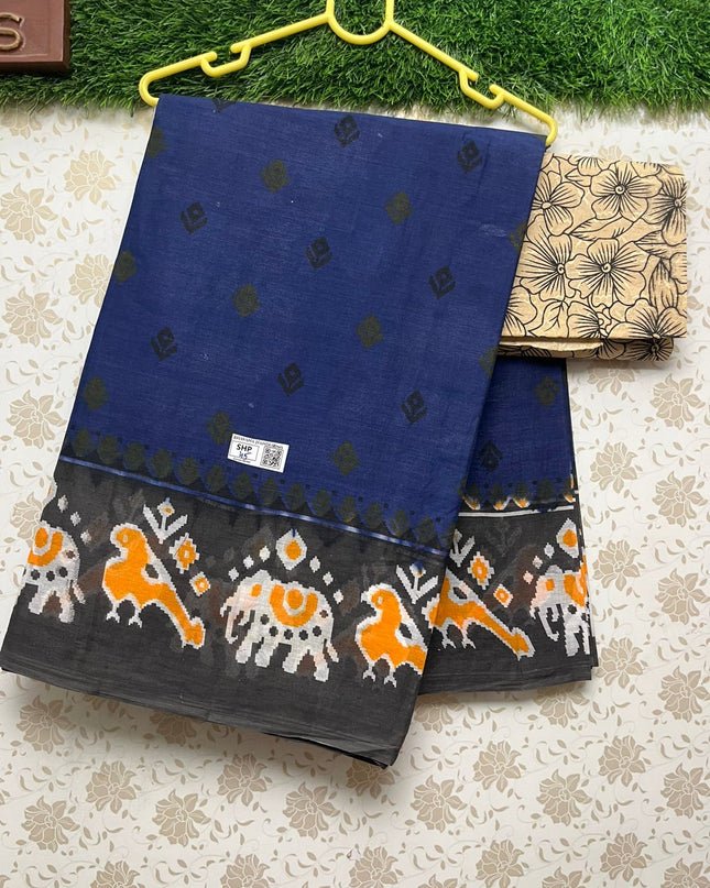 Printed Cotton Saree with Pochampally border With Dark Blue Colour