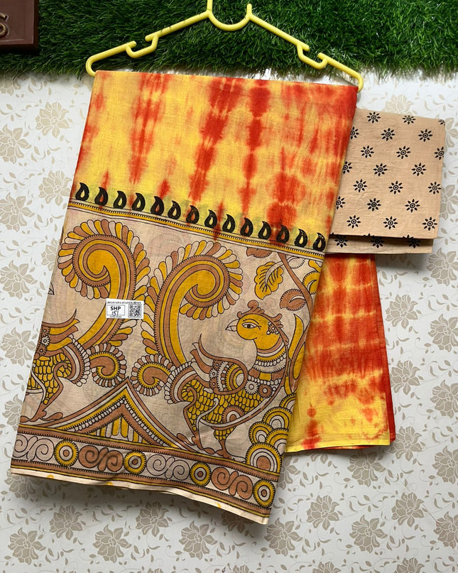 Shibori Printed One Side border Cotton Saree with Yellow Colour