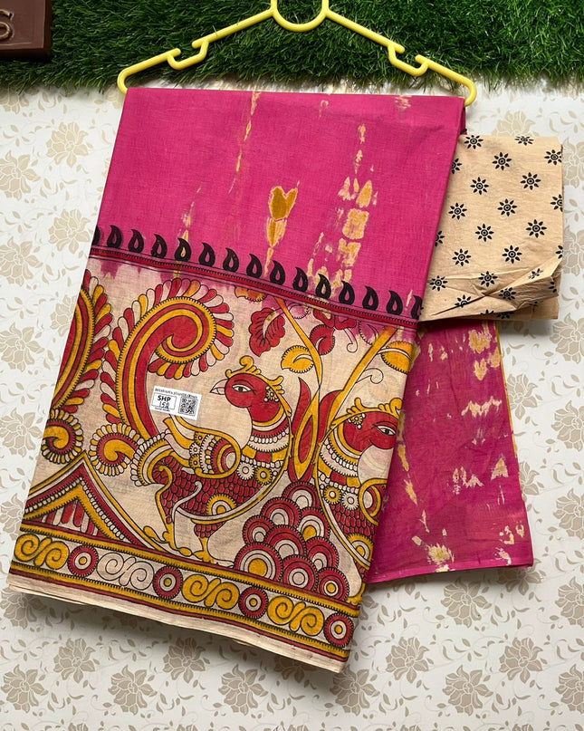 Shibori Printed One Side border Cotton Saree with Pink Colour