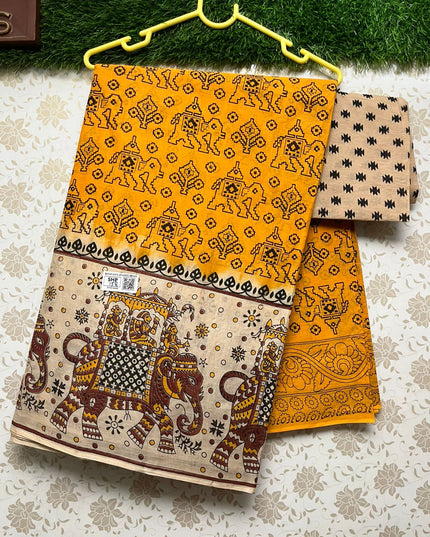 Daily Wear Pochampally Printed Cotton Saree with Yellow Colour