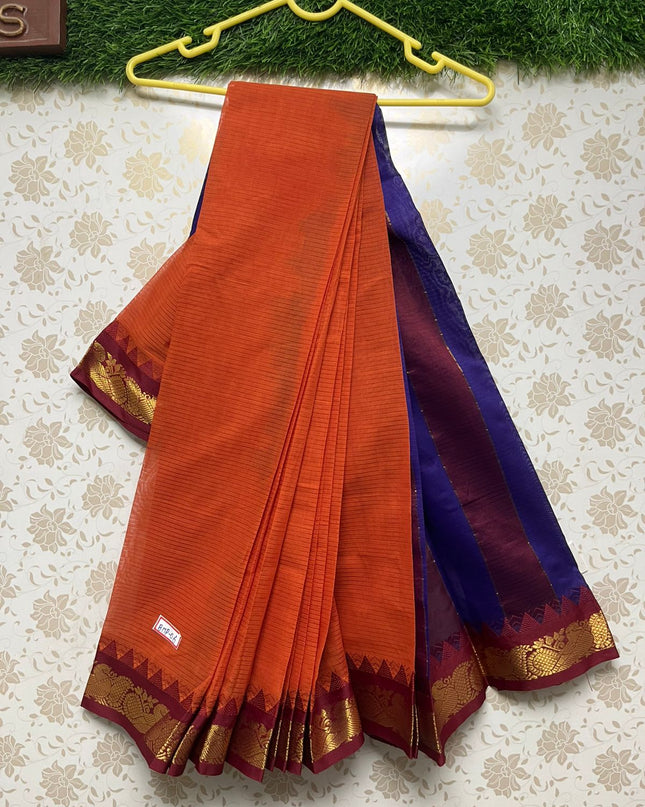 Mini Gadwal Handloom Cotton Saree with Rust Colour