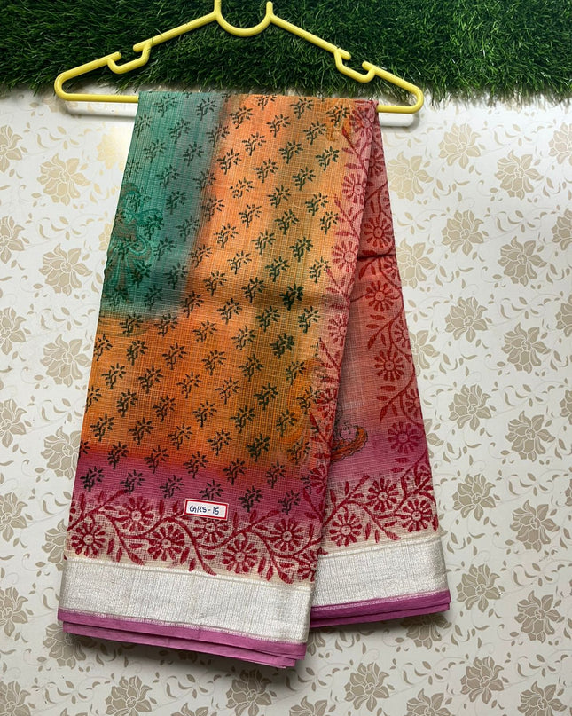 Semi Cotton Printed Kota Saree With Yellow Colour