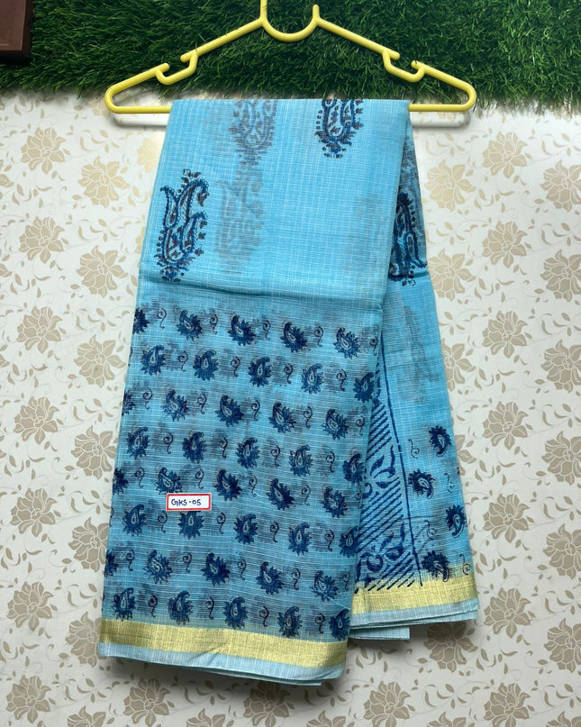 Semi Cotton Printed Kota Saree With Sky Blue Colour