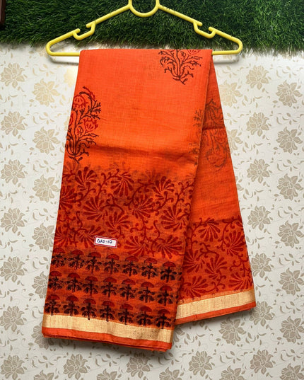 Semi Cotton Printed Kota Saree With Orange Colour