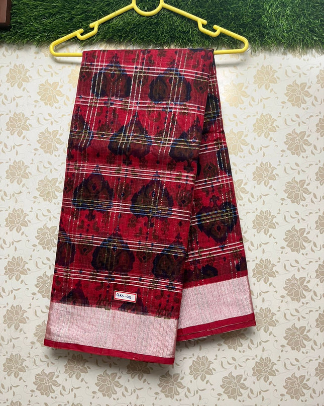 Semi Cotton Printed Kota Saree With Red Colour